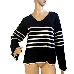 VERO MODA HAPPINESS STRIPE V-NECK PULLOVER SWEATER MEDIUM BLACK WITH BIRCH‎ NWT